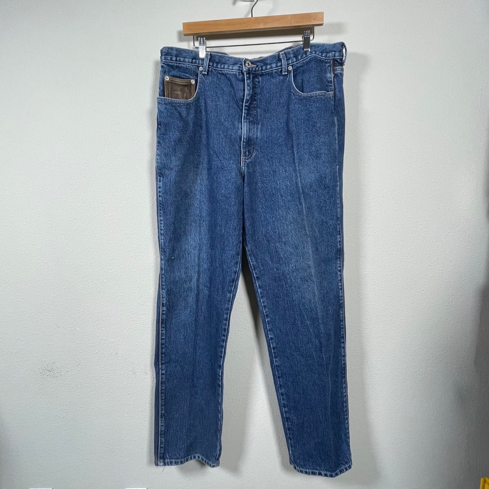 Vintage Guess USA Dad Jeans‎ Mens 40 Blue Denim Leather Pocket 90s Straight Leg